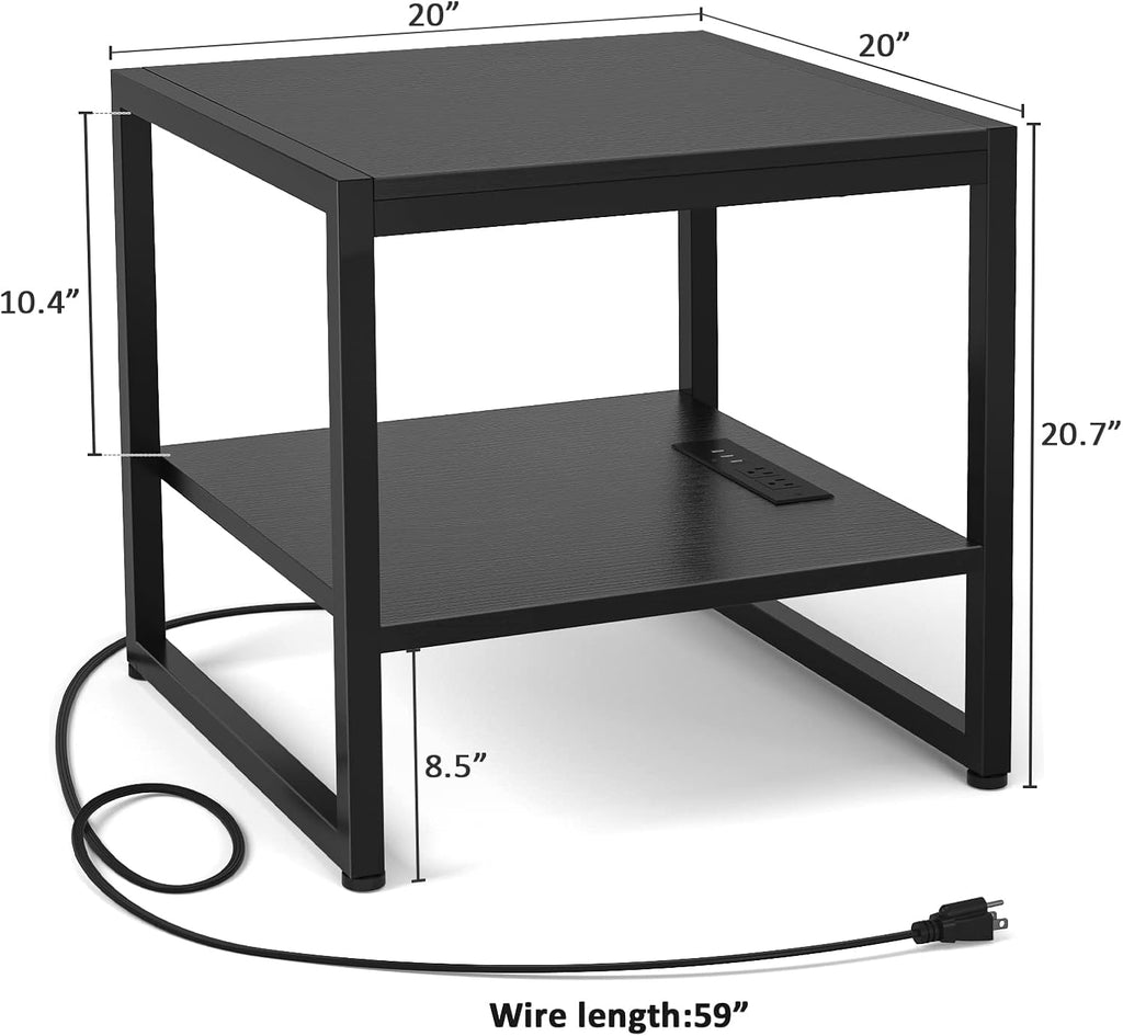 Homieasy End Table with Charging Station, 20' Mini Fridge Stand with Power Outlets, Heavy Duty Side Table for Living Room, Small Table Stand & Fridge Table, Black, 2 Pack