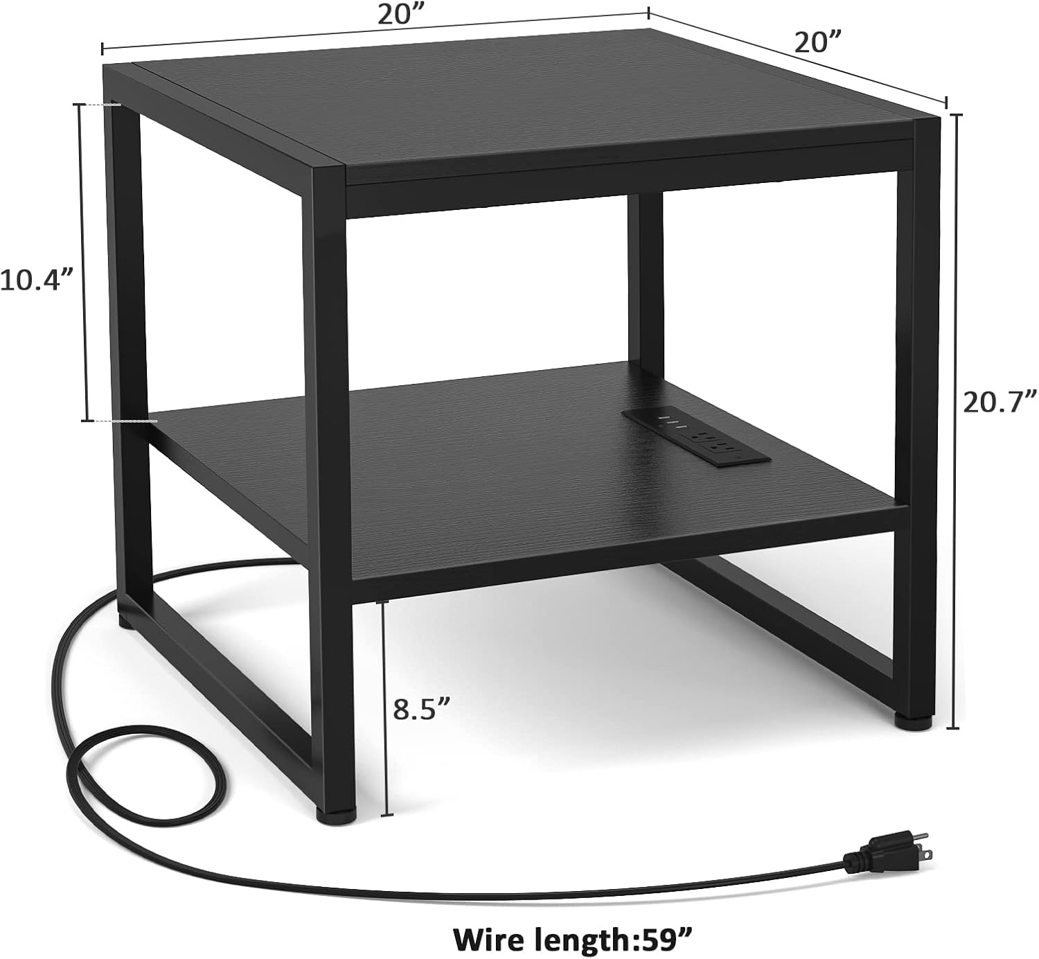 Homieasy End Table with Charging Station, 20' Mini Fridge Stand with Power Outlets, Heavy Duty Side Table for Living Room, Small Table Stand & Fridge Table, Black, 2 Pack