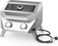 BESTFIRE Tabletop Gas Grill with 2 Burners & Viewing Glass Lid, 20,000 BTU Stainless Steel Portable BBQ Grill with Thermometer, Push-Button Ignition for Outdoor Patio, Camping, RV, Tailgating
