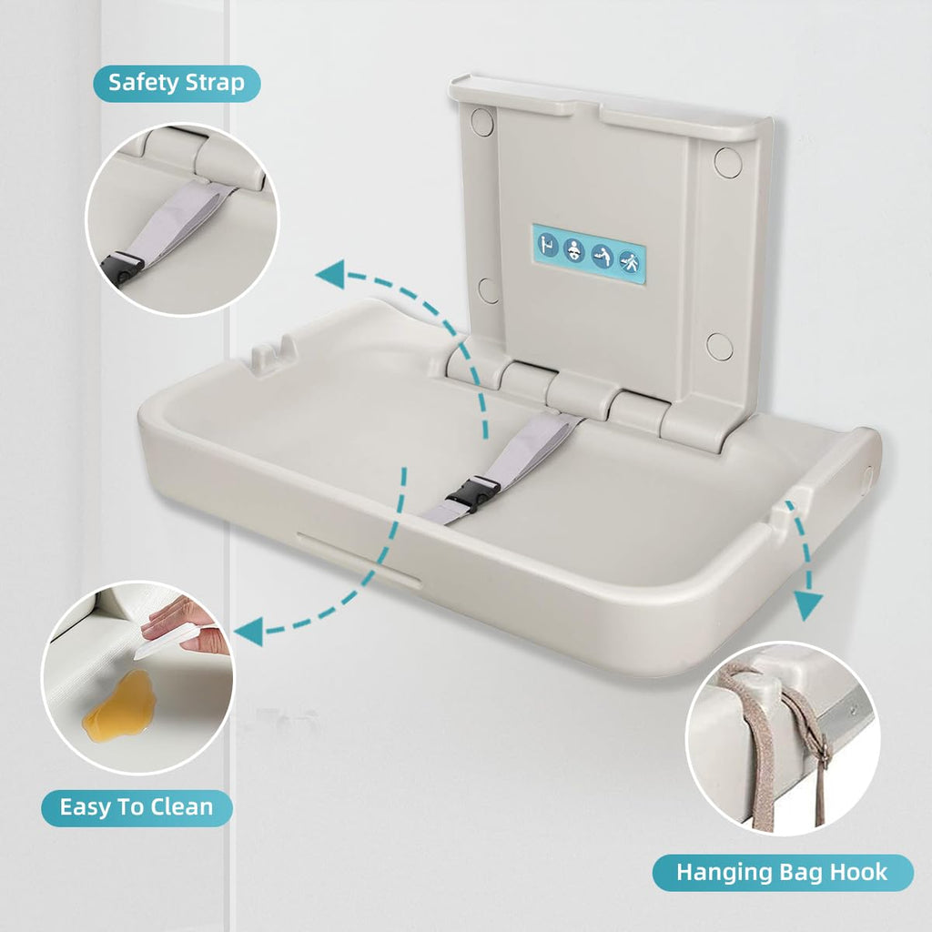 Wall Mounted Baby Changing Station, Horizontal Fold-Down Diaper Changing Table with Safety Strap, HDPE Surface, Dual Bag Hooks & Built-in Liner Dispensers for Commercial Restrooms (White Granite)