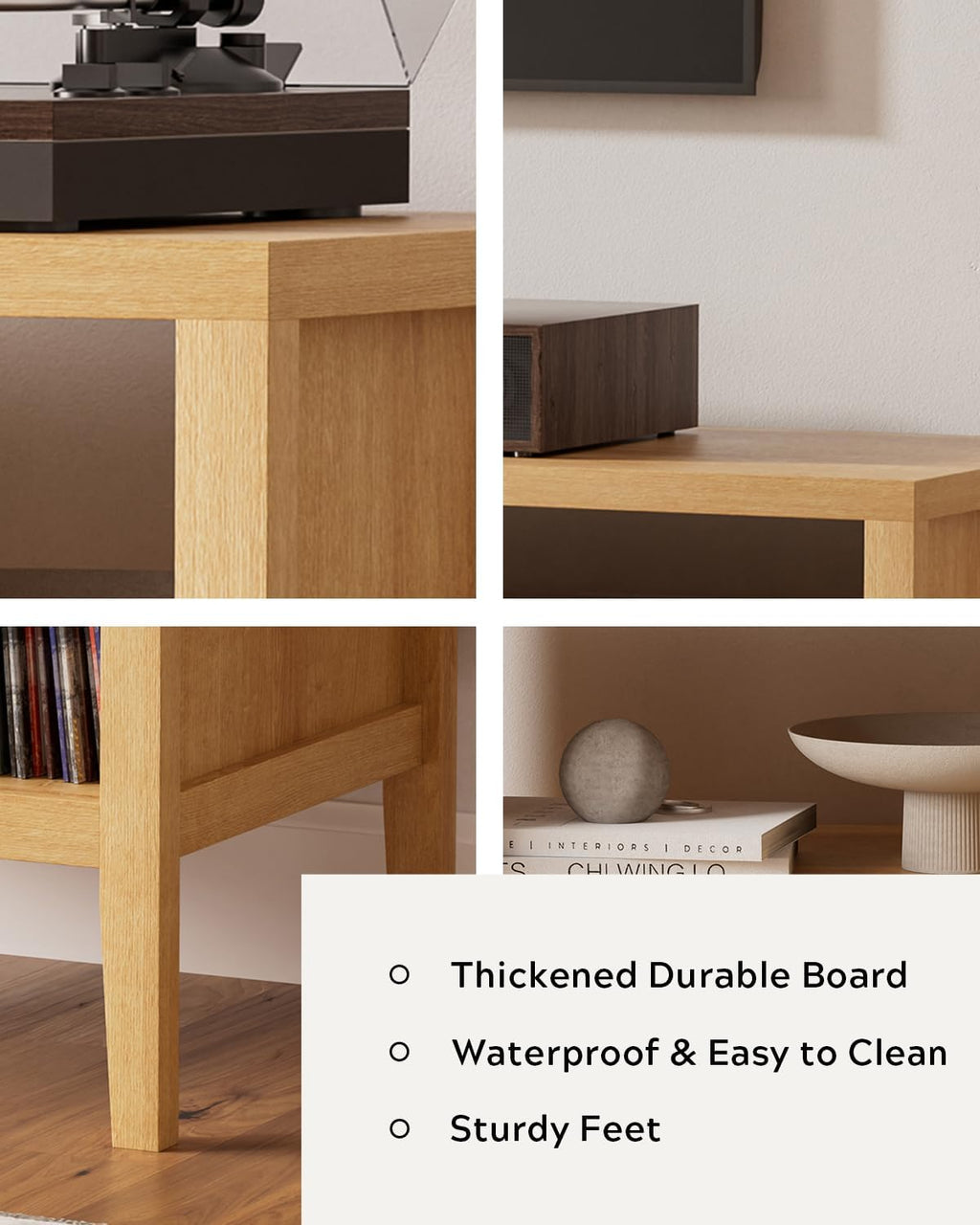 Farmhouse Record Player Stand Set of 2, Vinyl Record Storage Cabinet with Open Shelf, Wood Cube Storage Organizer for Living Room, Office, Natural Oak