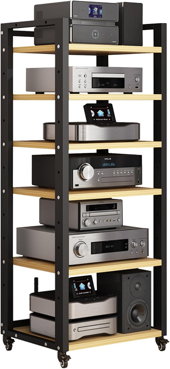 Modern Media Storage Cabinet - Adjustable Height Audio Rack & Stereo Stand, 5/6/7 Shelves for Video Game Consoles & Entertainment Components - Ideal for Home, Office & Theater (Wood Finish)