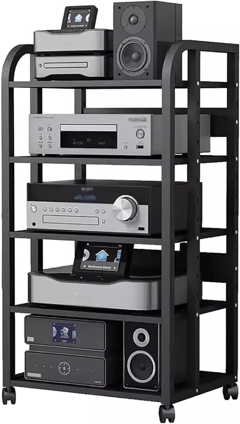 XingLi 3/4/5-Tier Audio Equipment Rolling Cart Rack，Large Stereo Black Storage Cabinet - Office Bedroom Living Room AV Media Shelf(Size:5 Tier-H100cm)