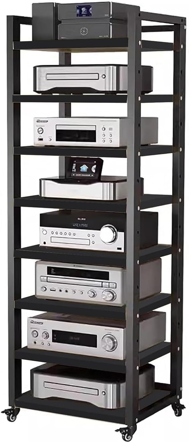 Audio Equipment Rolling Cart 5 6 7 8 Tier Media Storage Shelf for Radio - Stereo - TV Box - Cable Box - WiFi Router - Stereo Cabinet Wood, Multi-Function Open Storage Rack,Black(8 tier -50X40X161CM)