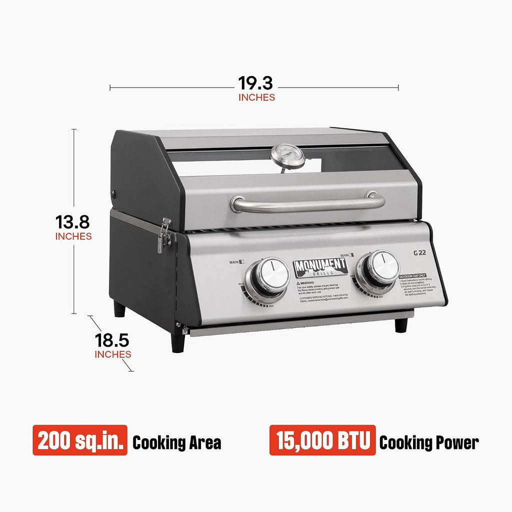 Portable Propane Gas Grill 2-Burner Tabletop Clearview® Monument Grills for Outdoor Camping Cooking, Two 15,000 BTU Burners, Stainless Steel, and Built-in Thermometer