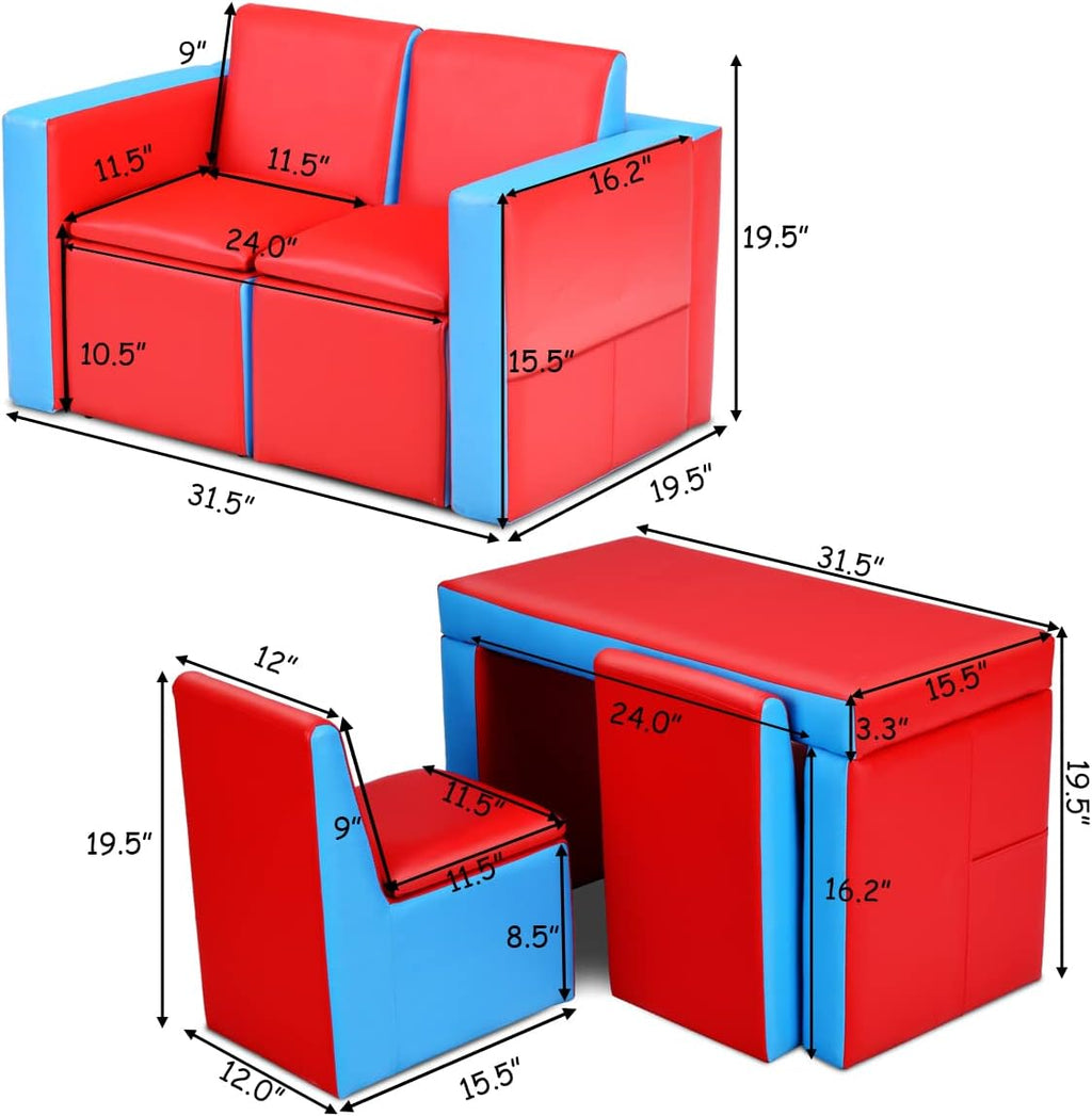 Costzon Kids Couch, 2 in 1 Double Seat Children's Sofa Convert to Table and Two Chairs for School, Storage Space, PVC Surface, Large Soft Kids Preschool Sofa Couch for Boys Girls Gifts (Red)