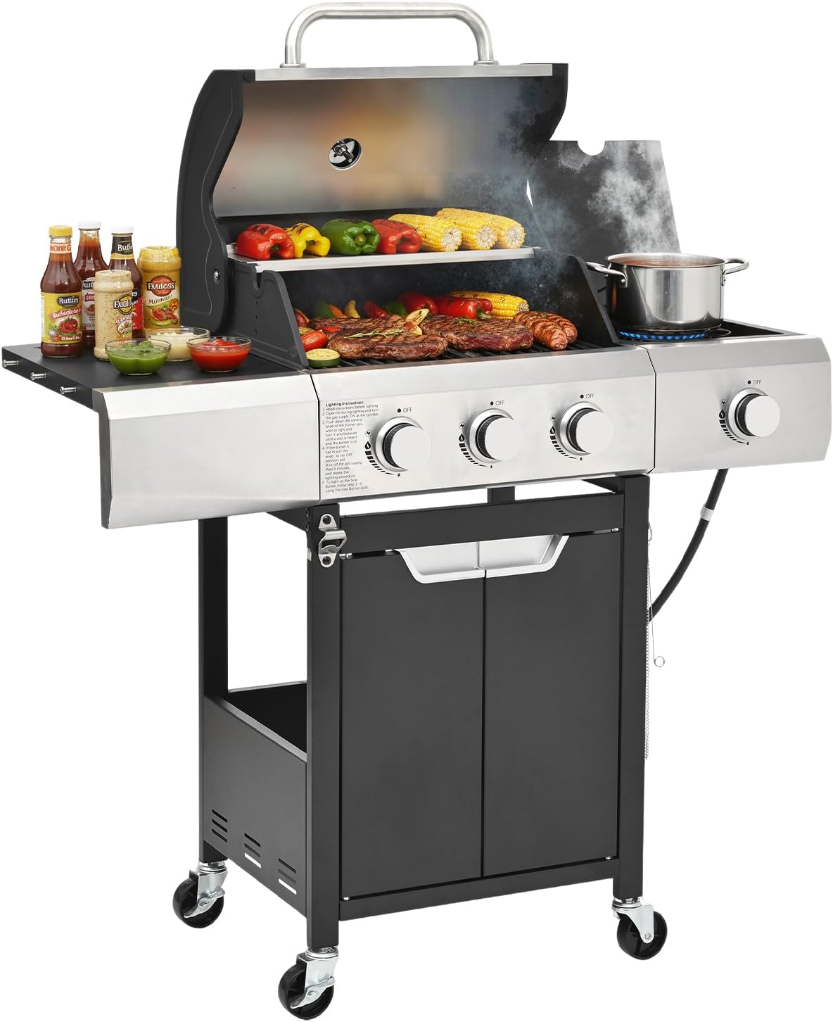 EUHOME 40,500 BTU 3-Burner Propane Gas Grill with Side Burner,Stainless Steel Outdoor BBQ Grill Portable with Wheels and Cast Iron Grates for Patio Garden Barbecue Cooking