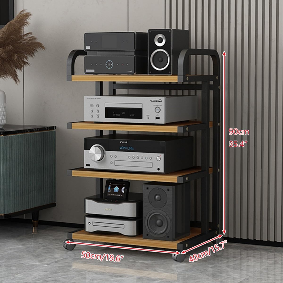 Multimedia HiFi Stand with Wheels, 4-Tier Audio Storage Shelf, Carbon Steel Stereo Component Rack for Living Room & Bedroom, 35in Height, Modern Design