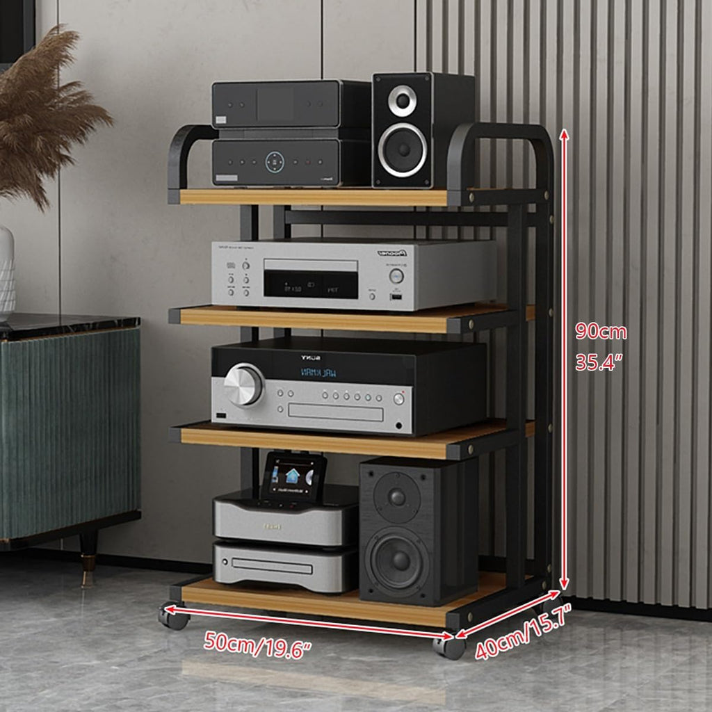 4-Tier Multimedia HiFi Stand with Wheels, Carbon Steel Audio Storage Shelf for Living Room & Bedroom, Stereo Component Rack, 90CM/35IN High, Adjustable Levels