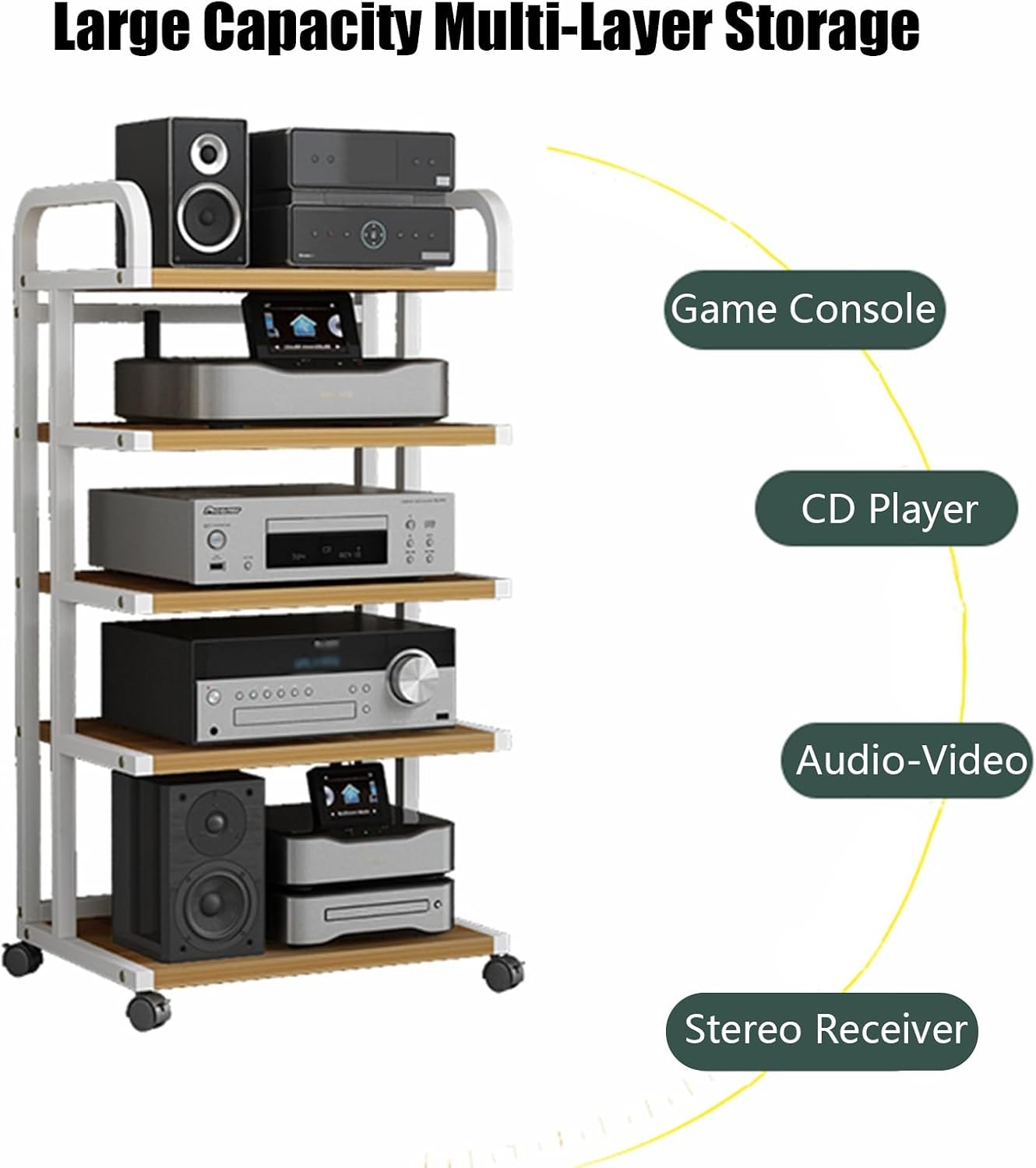 Black Record Player Shelf Movable, Media Stand DVD Audio Rack Floorstanding 3 4 5 Tier Component Storage Holder, Living Room Game Equipment Cabinet(Color:3 Tier 50x40x65cm)