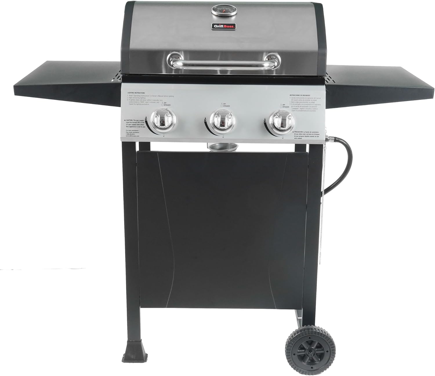 Grill Boss 3 Burner Propane Gas Grill, Portable BBQ w/Lid, Wheels & Side Shelves, Black - Grilling Accessories and Equipment for Camping, Tailgating, Outdoor Barbecue and Cooking