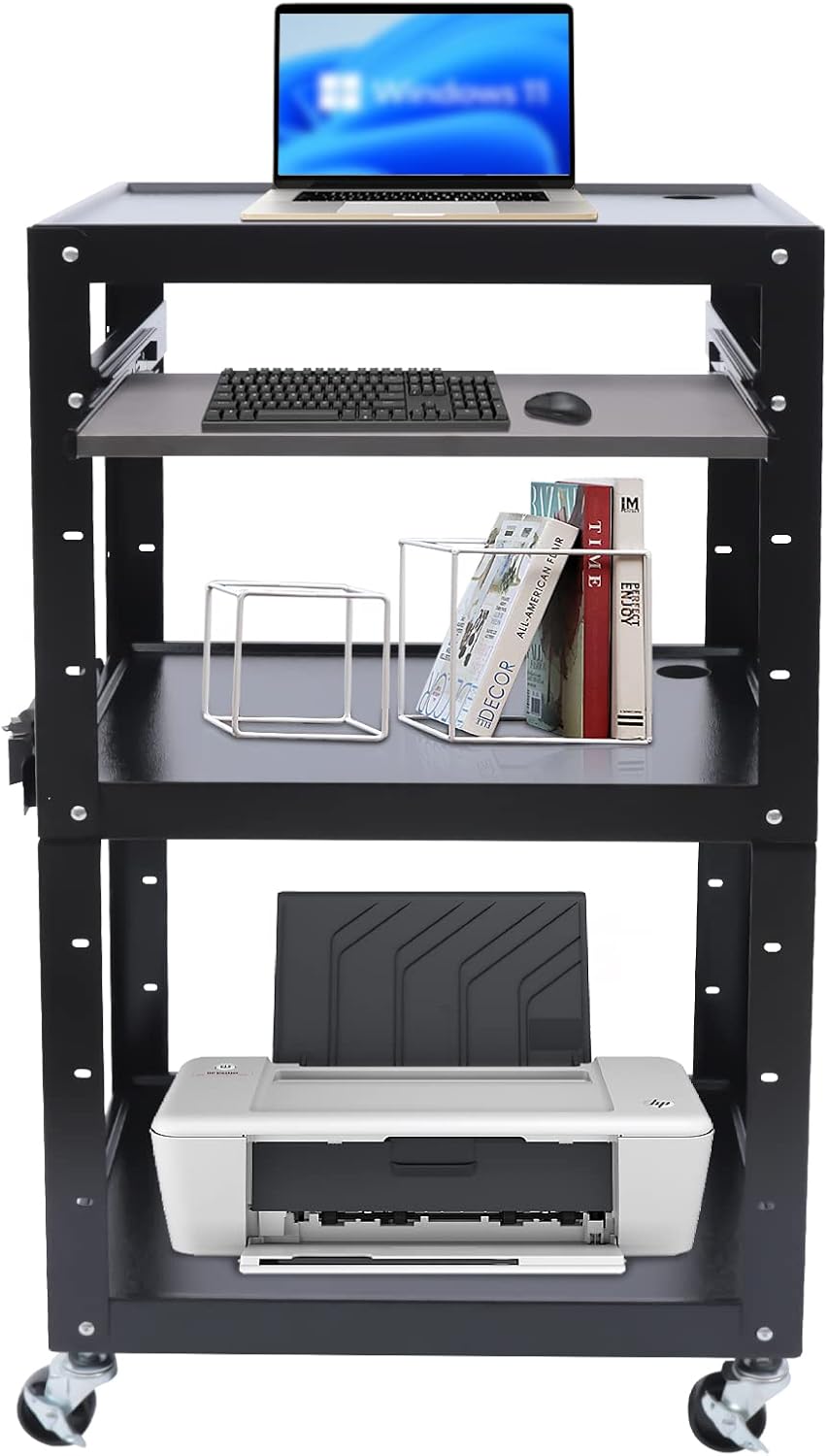 Large AV Cart, 24 * 18 * 42In 66Lbs Load Cold Rolled Steel AV Carts Rectangular AV Car Large Capacity Audio Visual Carts w/3 Shelves&2 Keyboard Lay Brackets for Classrooms Offices Computer Rooms