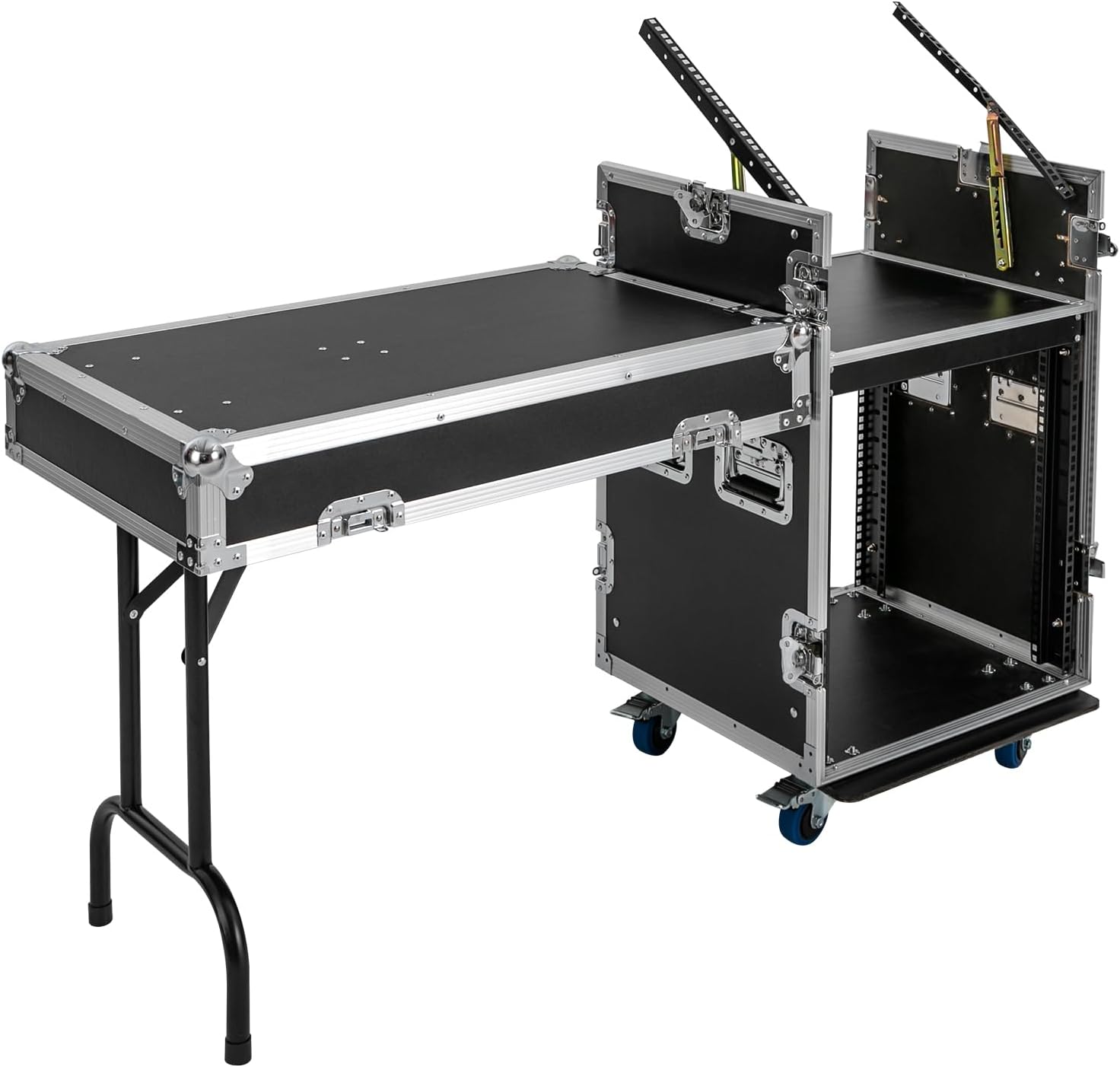 12U Mobile PA DJ Rack Road Case, Network & Stereo Rack with DJ Mixer Tops, Heavy-Duty 2-Tier Studio Equipment Cabinet with 4 Wheels, Amplifier Mixer Storage Stand for Live Sound, KTV, Home Theater