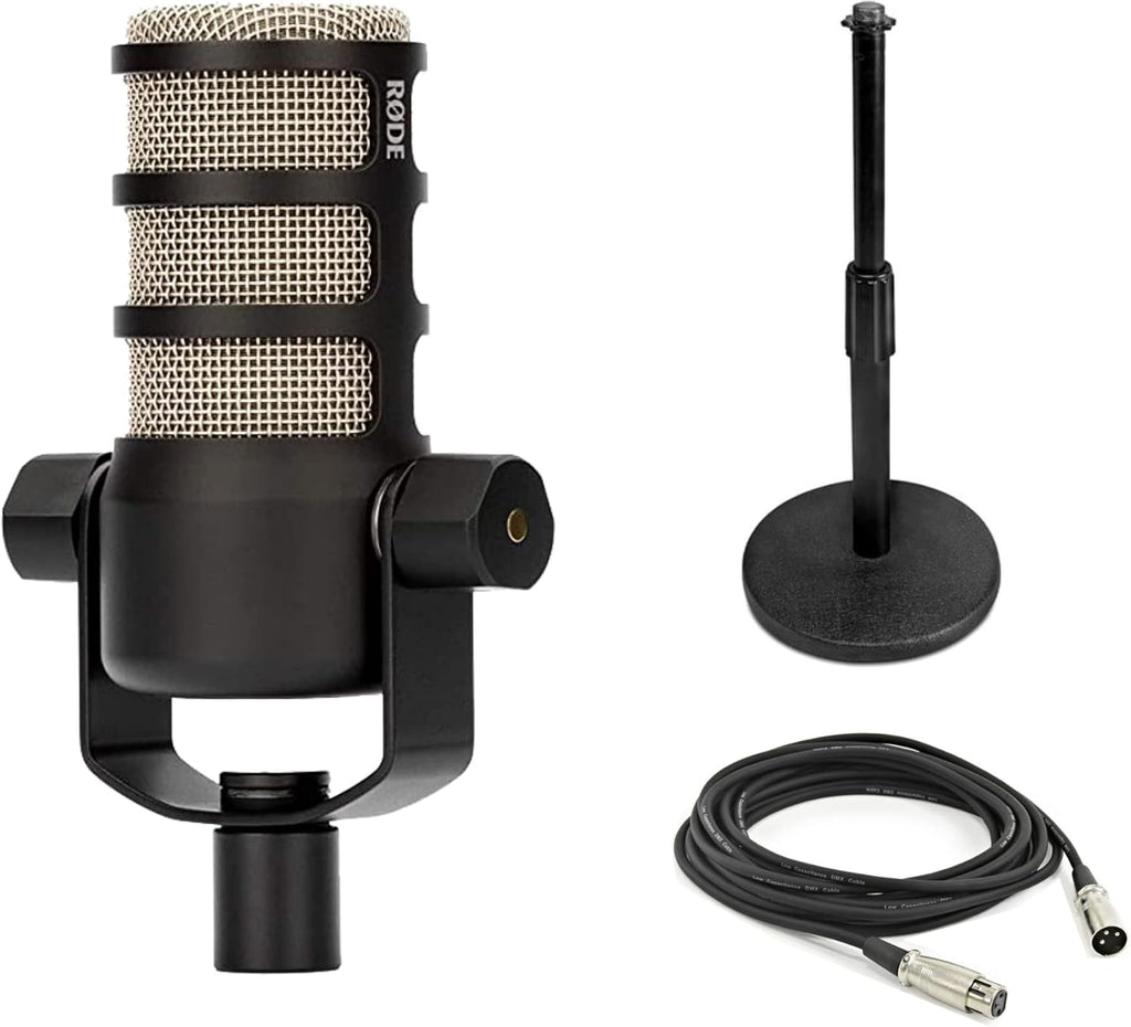 Rode PodMic Dynamic Podcast Microphone with Gator GFW-MIC-0501 Desktop Mic Stand, XLR Cable and StreamEye Polishing Cloth