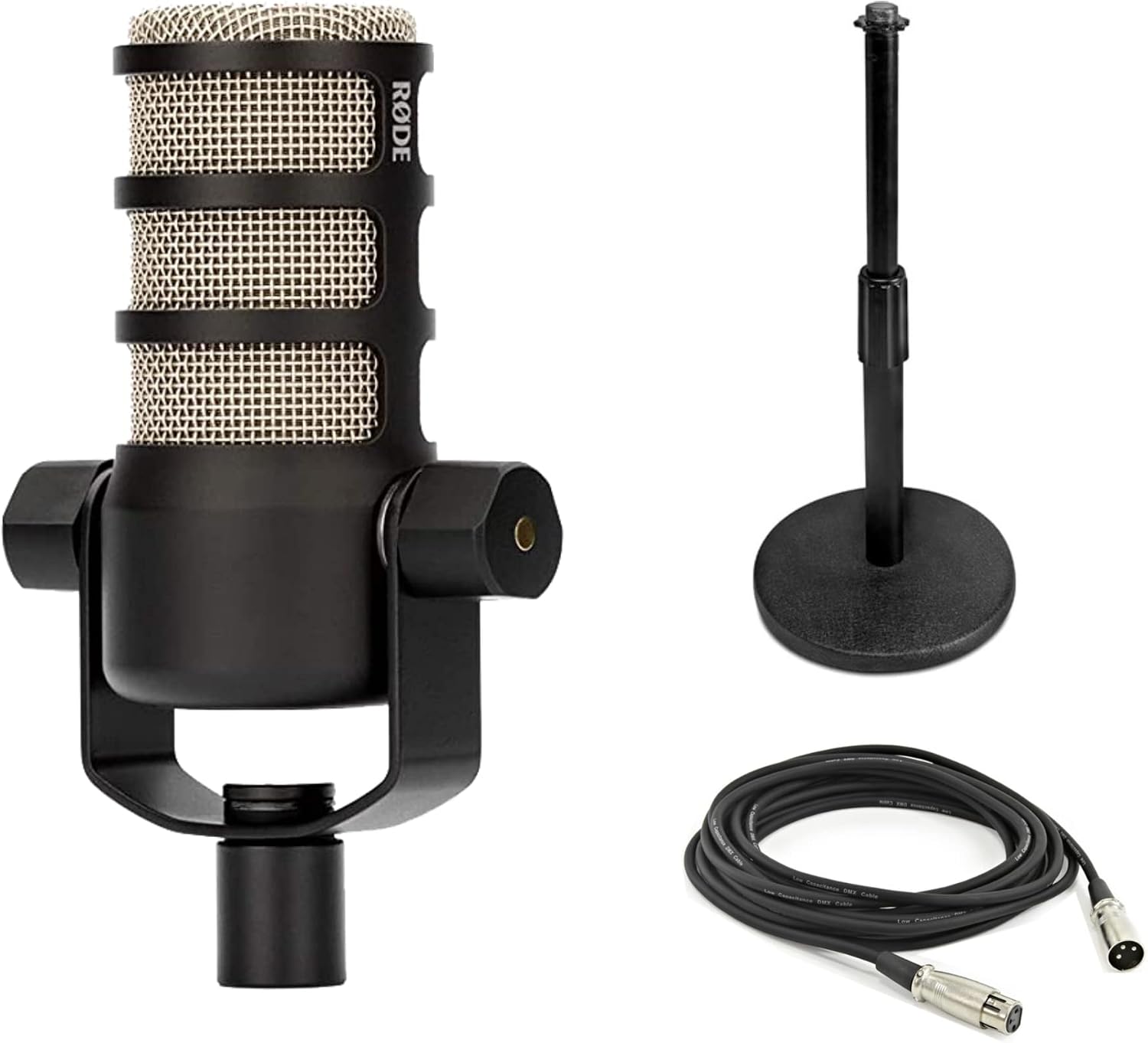 Rode PodMic Dynamic Podcast Microphone with Gator GFW-MIC-0501 Desktop Mic Stand, XLR Cable and StreamEye Polishing Cloth