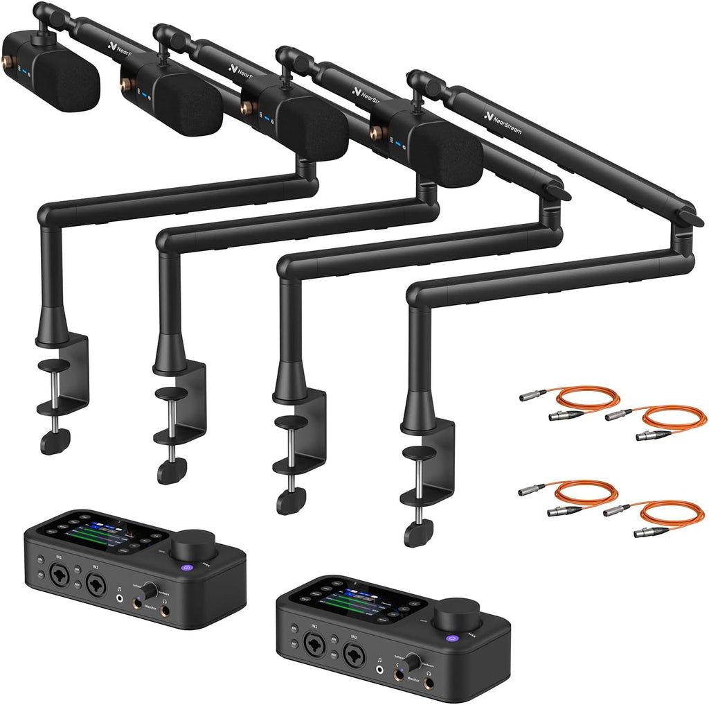 NearStream PodPro Quad Podcast Equipment Bundle for Group Podcast/Sound Creation/Livestream, Audio Setup with 4 Podcast Microphone, 2 Audio Interface, 4 Mic Boom Arm, 4 XLR Microphone Cable