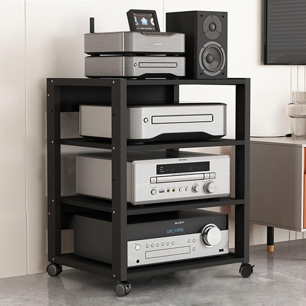 27in High Modern Record Player Stand, 4/3 Tier Mobile Audio AV Media Shelf Vertical Storage Cabinet for Office Home Classroom, Stereo Equipment Rack Adjustable(Black,4 Tier)