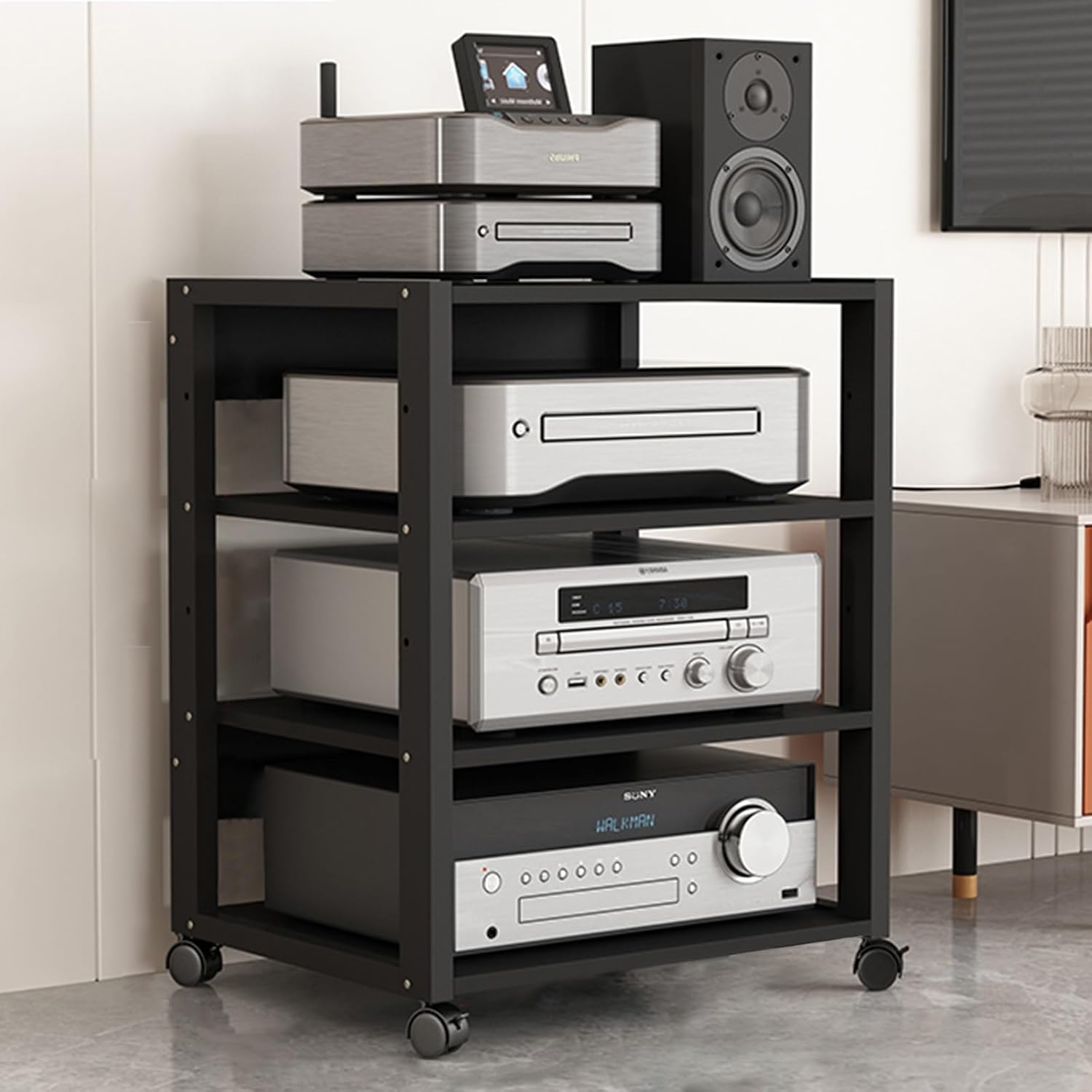 27in High Modern Record Player Stand, 4/3 Tier Mobile Audio AV Media Shelf Vertical Storage Cabinet for Office Home Classroom, Stereo Equipment Rack Adjustable(Black,4 Tier)