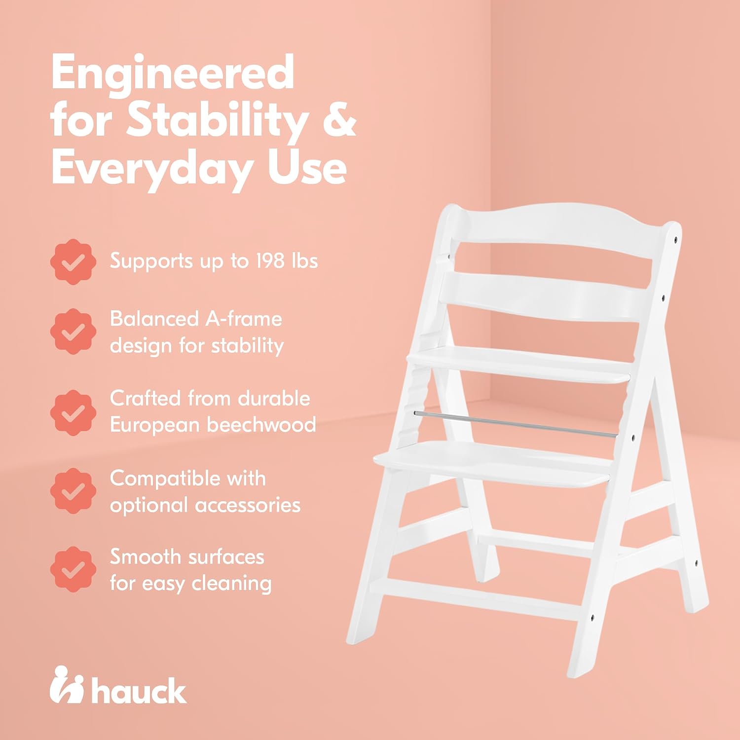 hauck Alpha+ Grow Along Seat Solid Beechwood Booster Chair with Adjustable Seat, 5 Point Safety Harness, & Bumper Bar for Infants & Toddlers, White