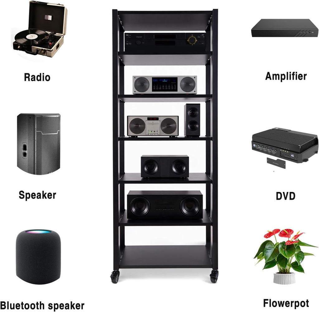 7-Tier Audio Rack Tower, Heavy Duty HiFi Amplifier Stand, Adjustable AV Media Component Cabinet with Wheel, Stereo Receiver & CD Player Display Rack for Home Theater Equipment