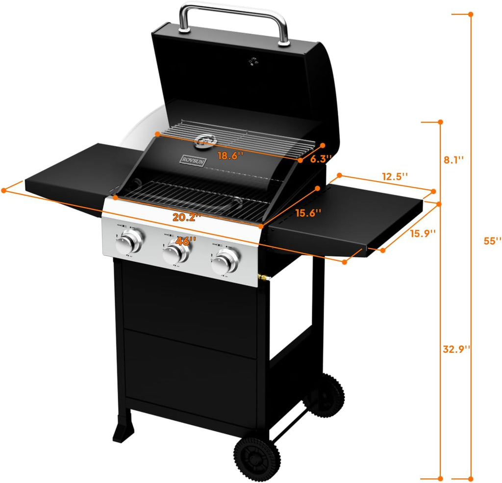 Bonnlo 3 Burners Portable Gas Grill with Enameled Cast Iron Grates, Powerful 36,000 BTU Propane Grill with Side Shelf & Bottom Cabinet, Outdoor Grill with Wheels for Patio Backyard Garden BBQ Use