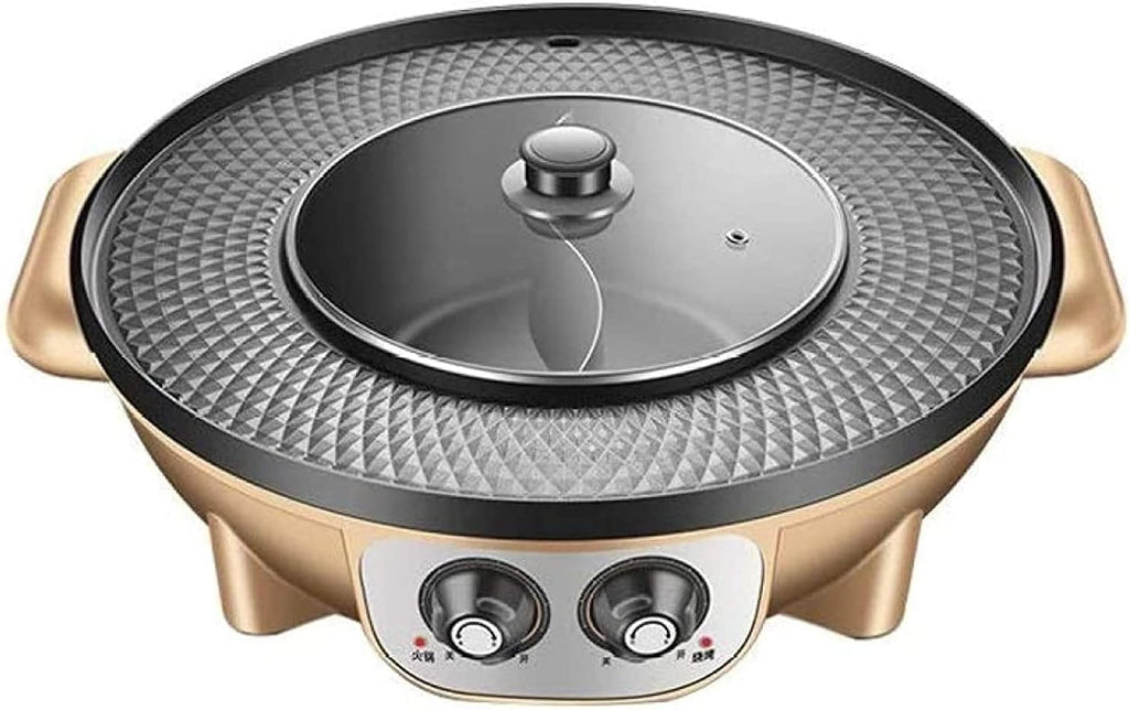 Korean BBQ Grill Electric Hot Pot Mandarin Duck Hot Pot Dual Temperature Dual Control Adjustable Hot Pot Barbecue Integrated Pot Smokeless,Black (Color : Gold)