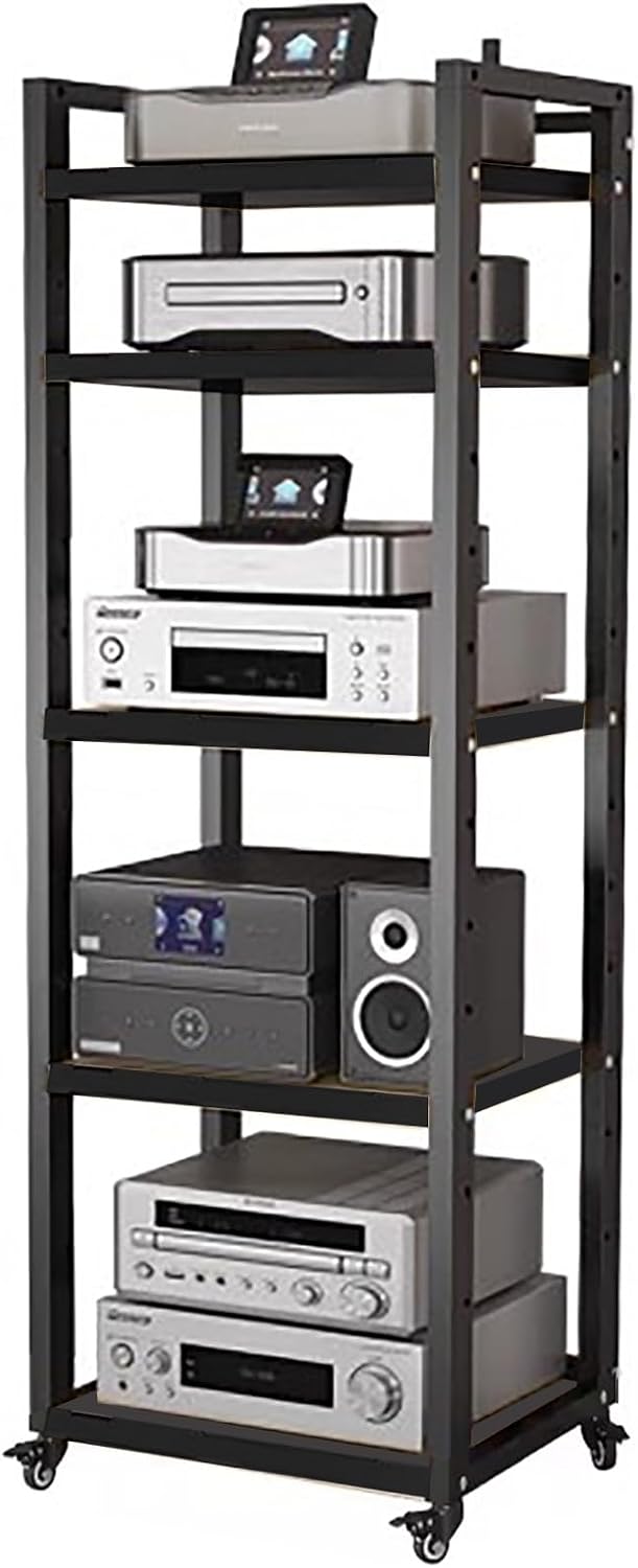 Audio Equipment Rolling Cart 5 6 7 8 Tier Black - Media Storage Shelf for Radio - Stereo - TV Box - Cable Box - WiFi Router - Stereo Cabinet Wood(W50cm-5 Tier)