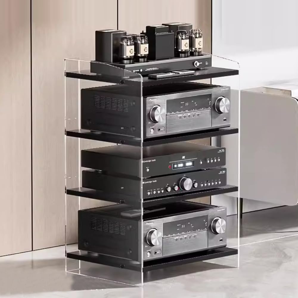 Modern Media Storage Cabinet with 4 Adjustable Shelves - Stylish Audio Video Stand for Record Player, Stereo Components & Entertainment Systems (Acrylic & Black Finish)