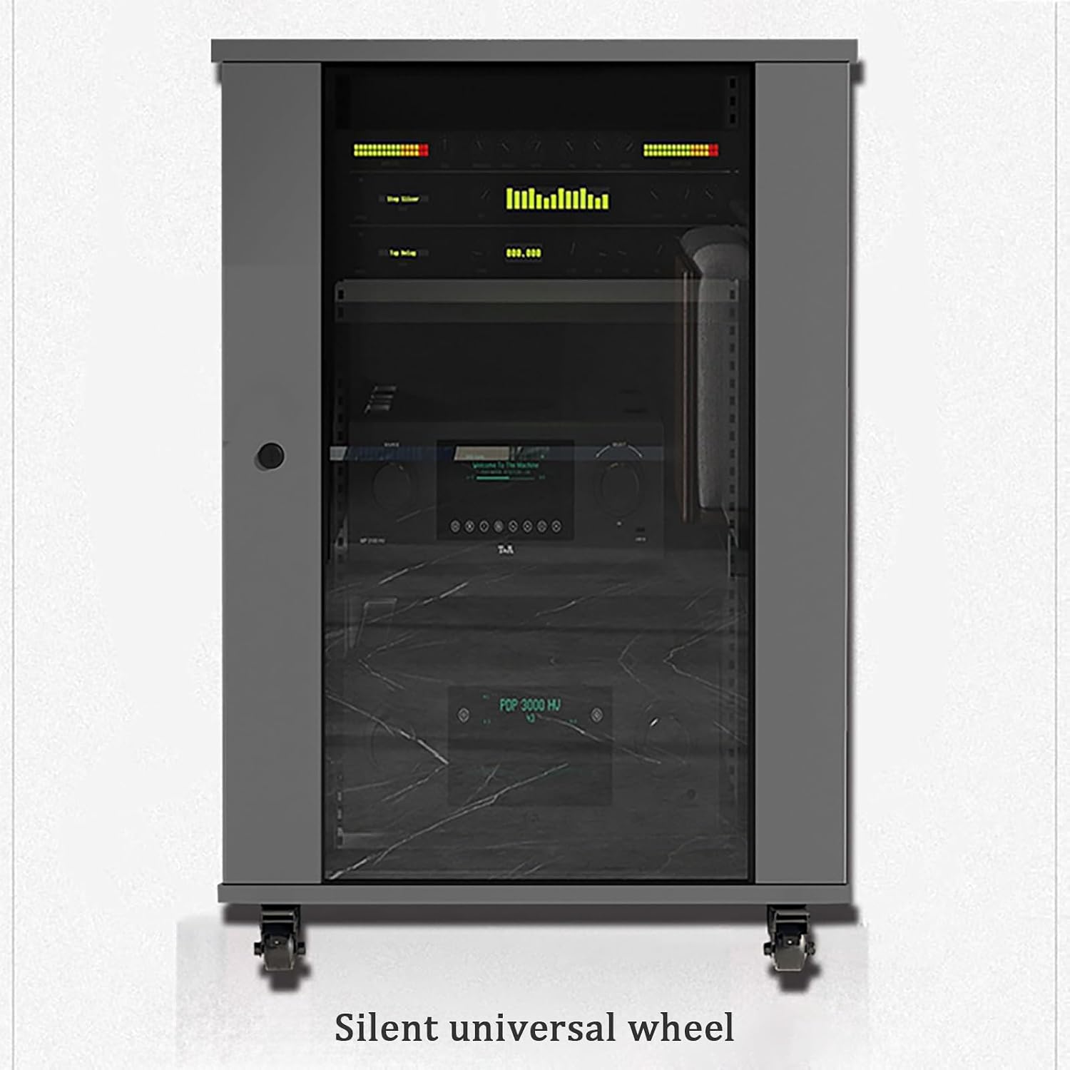 Gray AV Stereo Cabinet, Movable Media Storage Stand, Adjustable Audio Rack with Glass Doors, Media Storage for TV & Audio Equipment, 56x57x83cm