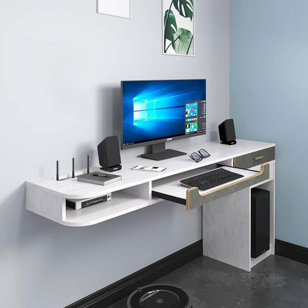 Wall-Mounted Workstation Desk & TV Cabinet - Floating Shelf Storage for Media Console, Audio-Visual Equipment, Home Office & Bedroom Furniture, Corner Shelf Solution