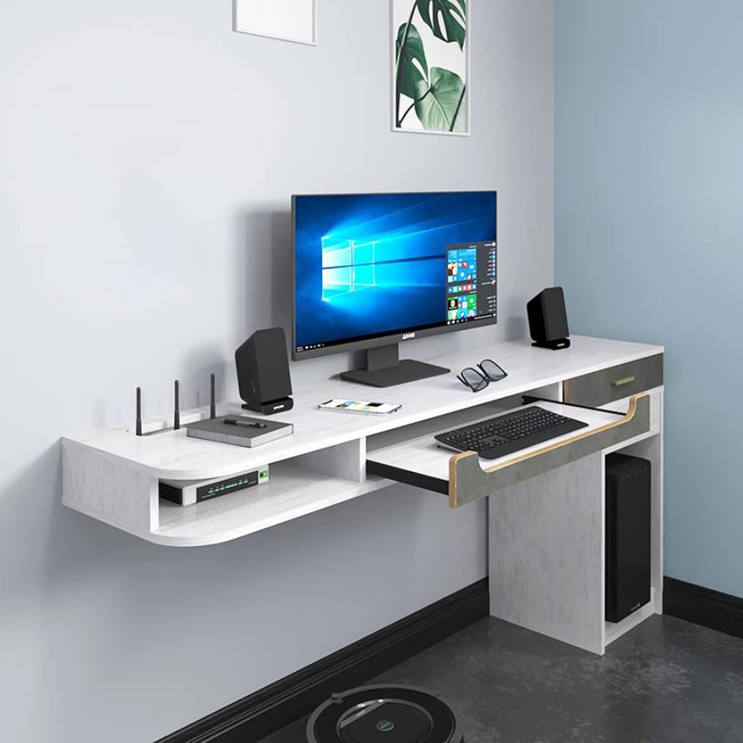 Wall Mounted Workstation Desk & TV Cabinet - Floating Shelf Media Console for Home Office & Bedroom, Corner Shelves for Audio-Visual Equipment & Writing Table
