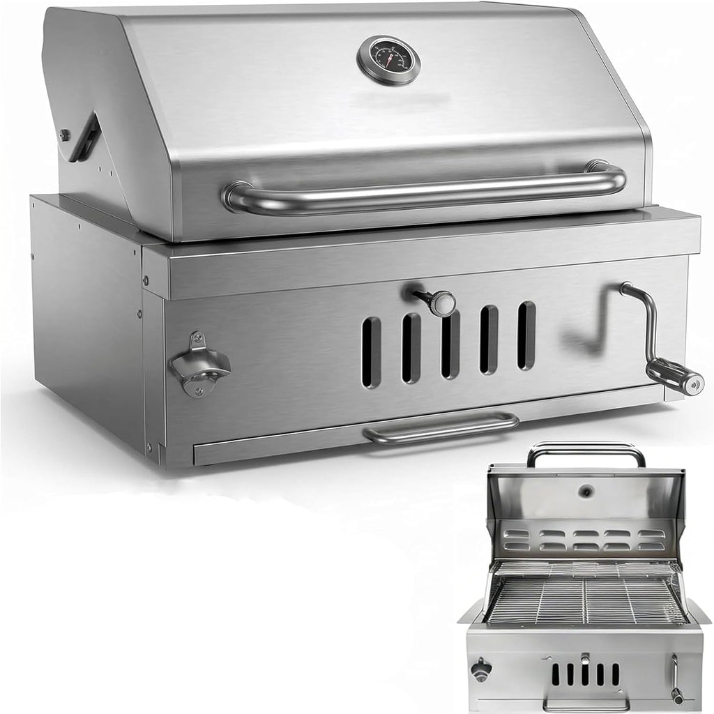 Large Charcoal BBQ Grills, Built in Barbecue Grill with Liftable Tray, Insulated Hood & Temp Gauge, Silver Stainless Steel BBQ Barrel Grill for Outdoor Kitchen Cooking Family Parties Patio Park Style