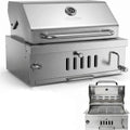 Large Charcoal BBQ Grills, Built in Barbecue Grill with Liftable Tray, Insulated Hood & Temp Gauge, Silver Stainless Steel BBQ Barrel Grill for Outdoor Kitchen Cooking Family Parties Patio Park Style