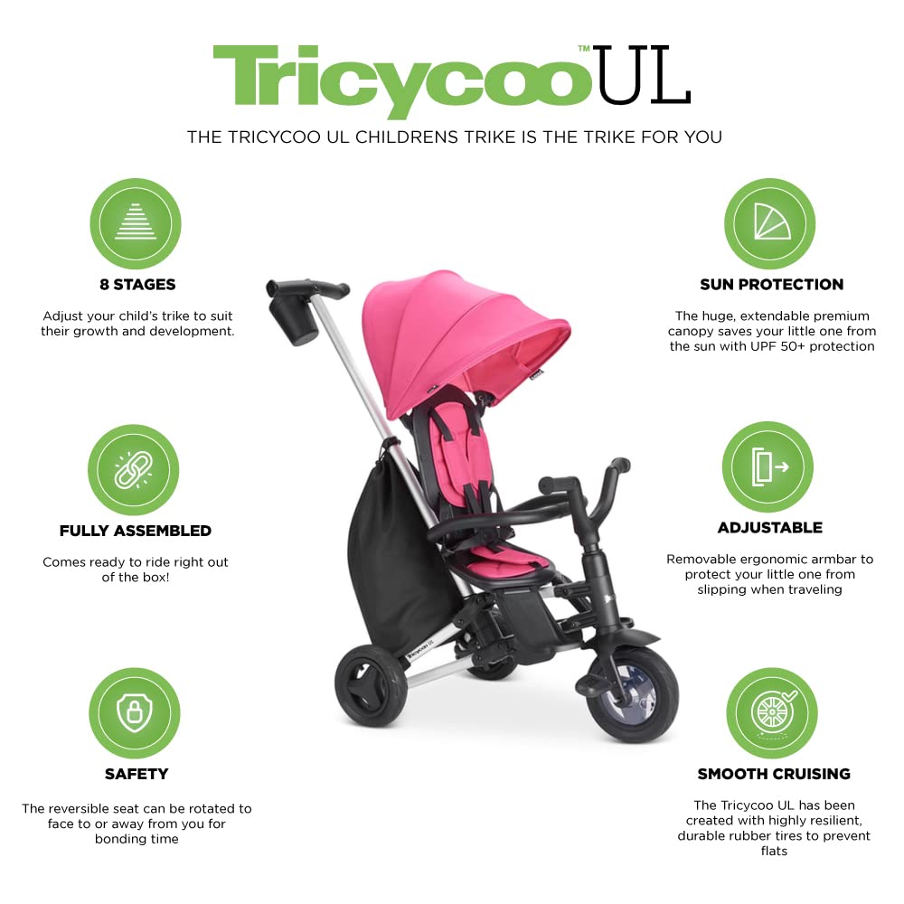 Joovy Tricycoo UL Kids Tricycle with 8 Stages Featuring 3 Rubber Tires, Removable and Adjustable Parent Handle, Safety Harness, 3-Position Recline Seat, and Retractable Canopy, Pink Crush