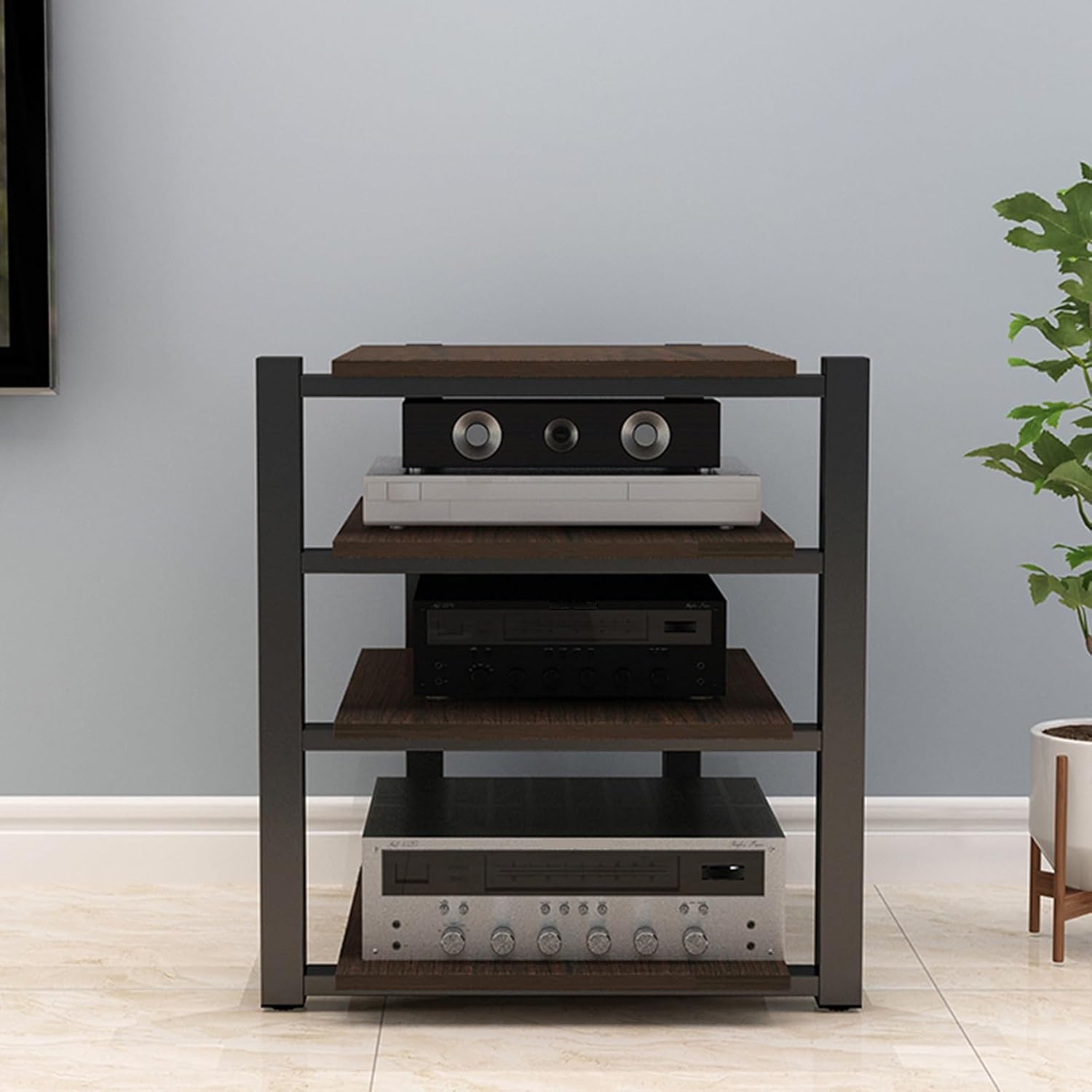 Brown AV Cabinet Audio Rack - 90cm Stereo Media Stand for Record Players, Home Theater, and Office - Audio Component Tower Storage Solution