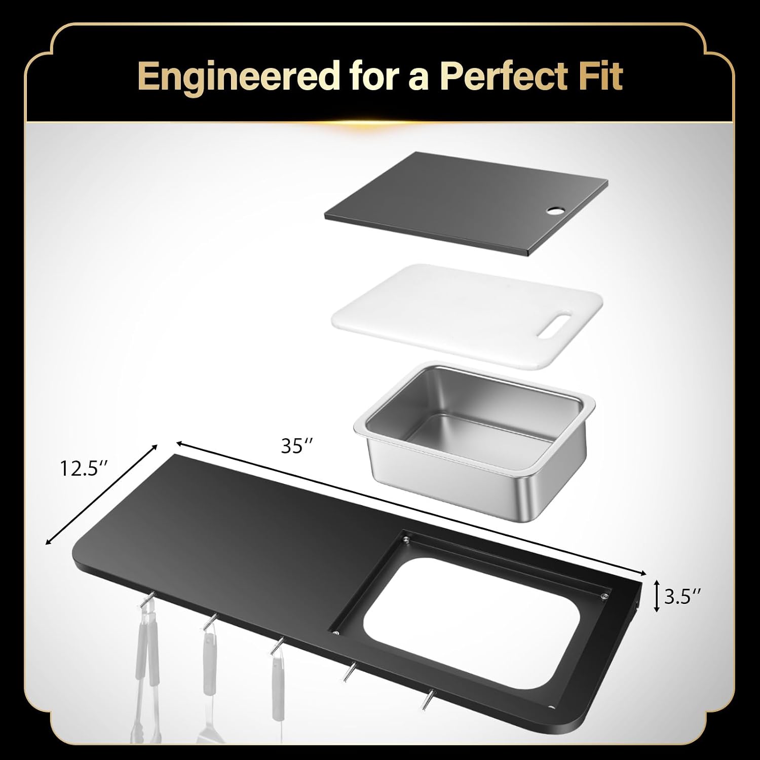 QuliMetal Folding Front Shelf for Weber Searwood XL 600, 35' x 12.5' Grill Prep Table with Stainless Steel Basin, Cutting Board, Lid and 5 Hooks, Heavy-Duty Front Grill Table Accessory