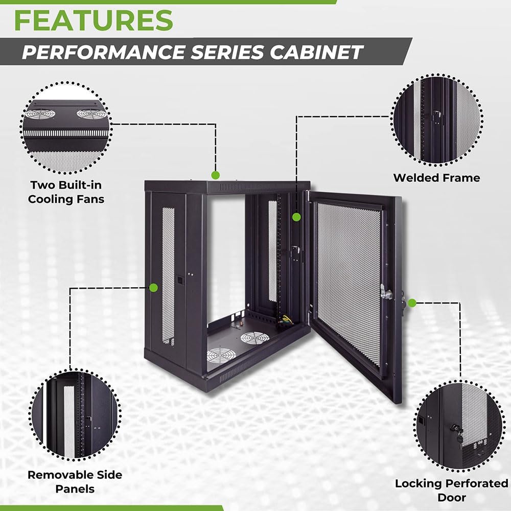 NavePoint 12U Server Cabinet Wall Mount Rack Enclosure with Perforated Door, Locking, Removable Side Panels – 12U Network Cabinet 13' Deep, 19 Inch Server Rack for IT and A/V Equipment