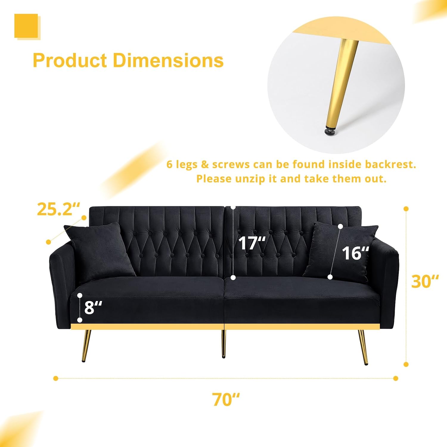 70' Velvet Futon Sofa Bed with 2 Pillows and Adjustable Armrests, Convertible Sleeper Bed W/Adjustable Backrests, Modern Loveseat for Living Room, Bedroom, Black