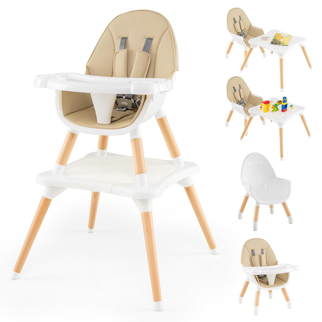 GLACER High Chair, 6-in-1 Convertible Wooden High Chairs for Babies and Toddlers w/Building Block Table, 5-Point Safety Harness, Removable Tray, PU Cushioned Baby High Chair for 6-36 Months (Khaki)