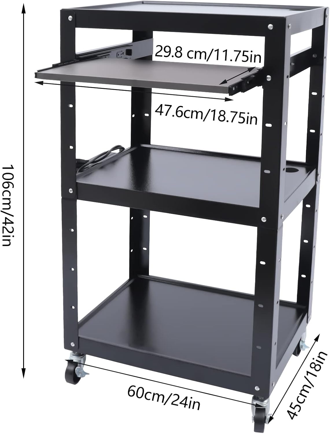 Large AV Cart, 24 * 18 * 42In 66Lbs Load Cold Rolled Steel AV Carts Rectangular AV Car Large Capacity Audio Visual Carts w/3 Shelves&2 Keyboard Lay Brackets for Classrooms Offices Computer Rooms