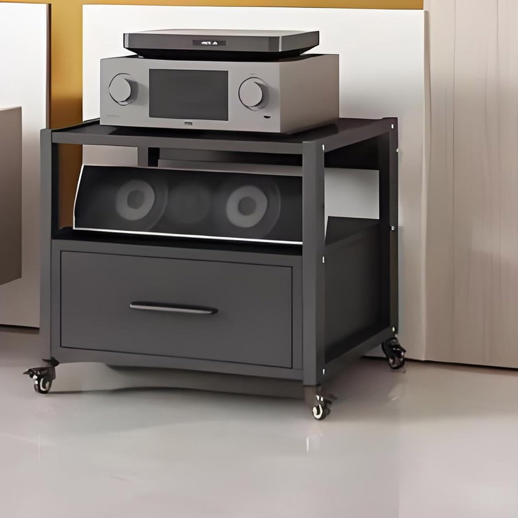 Modern Audio Cabinet - Movable Media Storage Rack for DVD/CD/Record Player, Adjustable Shelves AV Stand, Stylish Black Stereo Tower Holder (50x40)