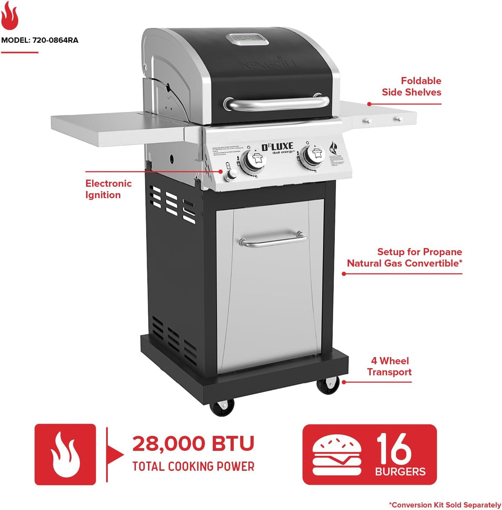 Nexgrill Deluxe 2-Burner Gas Grill with 401 SQ In Grate, 28000 BTUs, Stainless Steel Control Panel & Foldable Side Table, Propane BBQ Grill for Outdoor Cooking, Patios, Backyards and More - 720-0864RA
