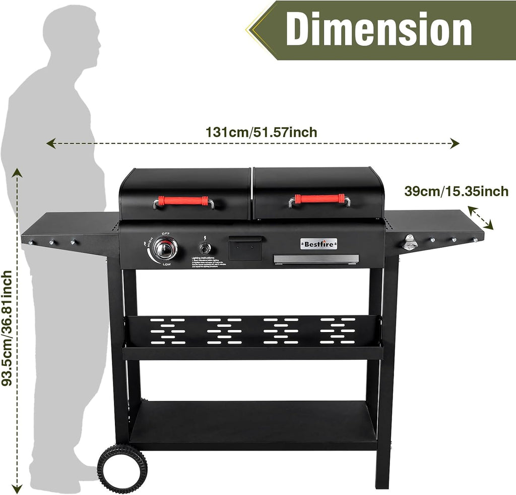 Propane Gas Griddle Charcoal Grill Combo Flat Top Griddle W/Dual Lids & 2 Side Shelves Dual Fuel BBQ Grill for Outdoor Barbecue