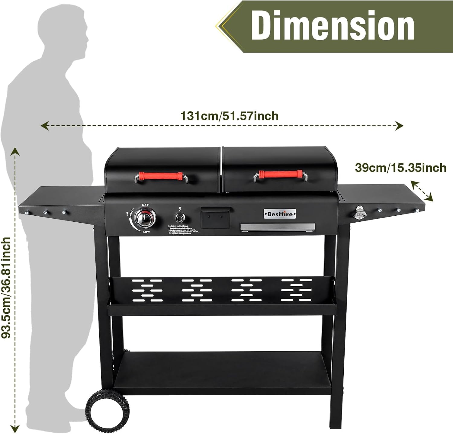 Propane Gas Griddle Charcoal Grill Combo Flat Top Griddle W/Dual Lids & 2 Side Shelves Dual Fuel BBQ Grill for Outdoor Barbecue
