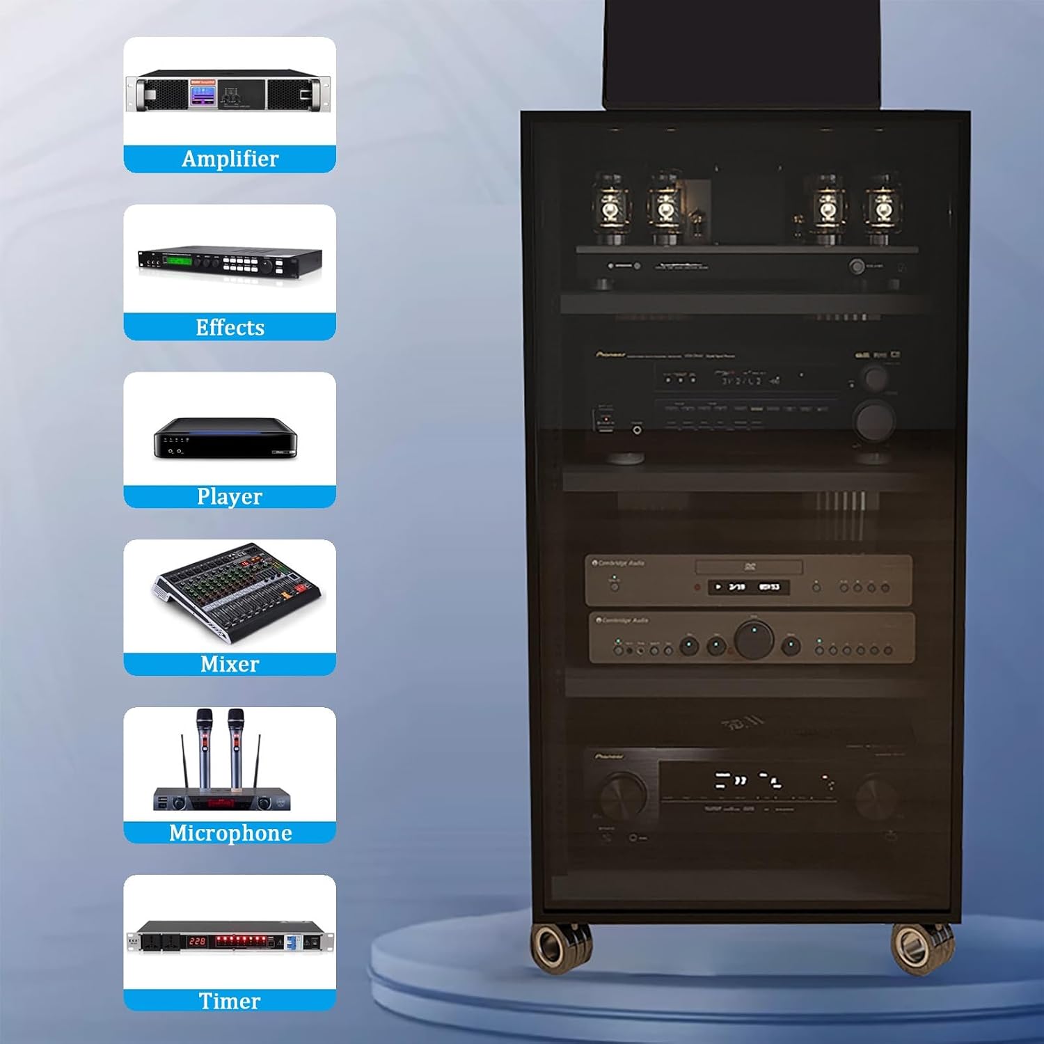 Modern Black Media Storage Cabinet with Glass Door and Cable Holes Adjustable Shelves Movable Stereo Stand for Tv and Audio Equipment 55X45X100Cm 4 Tier,Black4 Tier 55X45X100Cm
