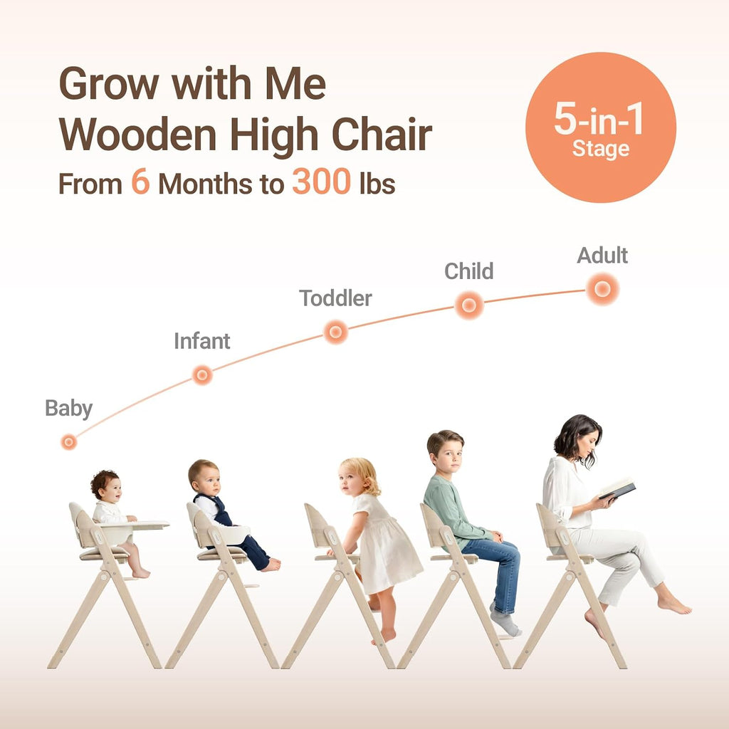 Mamazing GrowPod Pro Wooden Baby High Chair for 6 Months to 300lbs, Easy to Clean with Tray, Compact Foldable Highchair for Kitchen & Dining Room, with 5-Point Safety Harnesses and Guard Bar