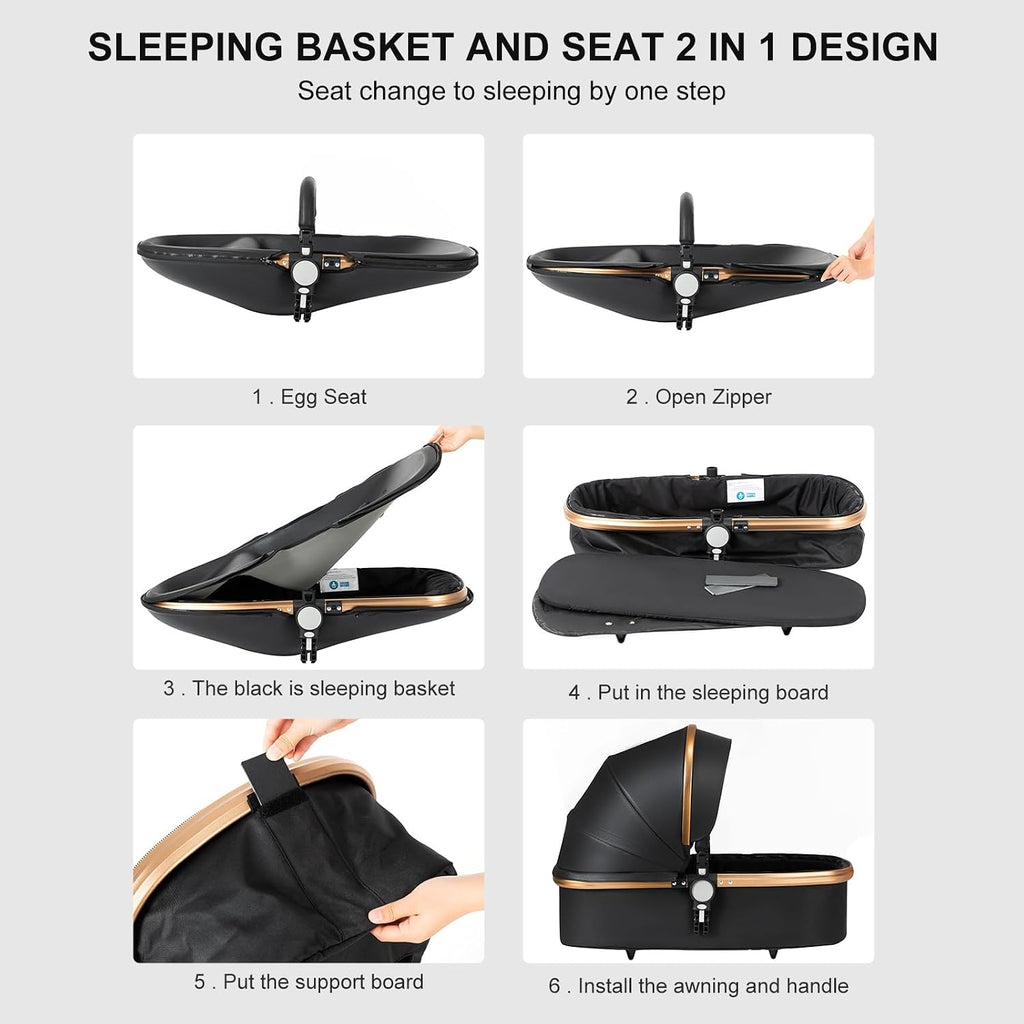 Nine point nine PU Leather 2 in 1 Baby Stroller, Reversible Convertible Infant Stroller of One-Click Folding, Newborn Travel Strollers Toddler Pram Carriage (HR002-Black)