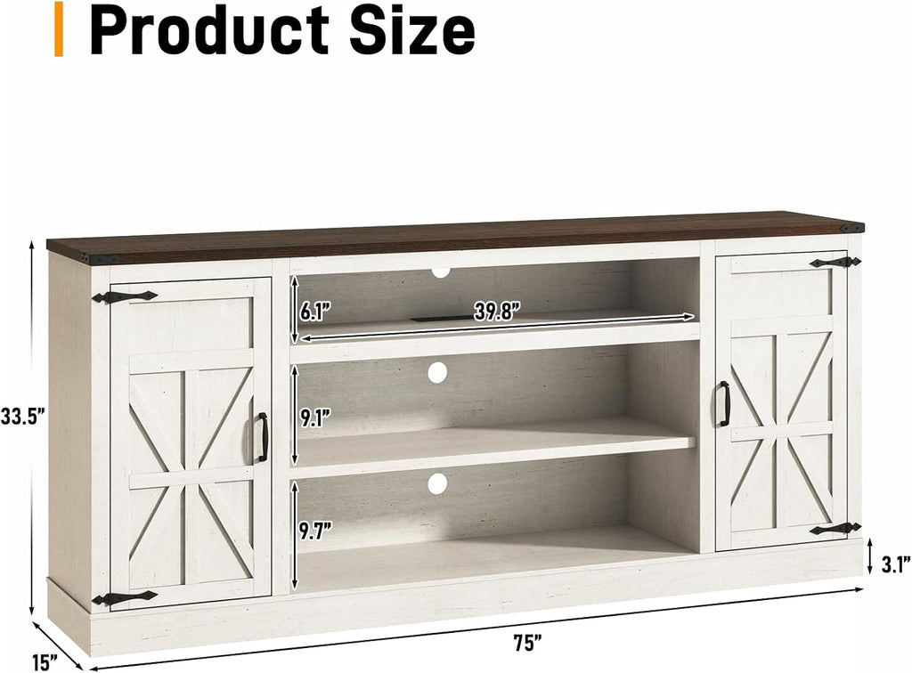Hlivelood 75' Farmhouse TV Stand with Power Outlets for 85 Inch TVs, 33' Tall Entertainment Center with Storage Cabinets w/Adjustable Shelves, Rustic Large TV Media Console, Rustic White