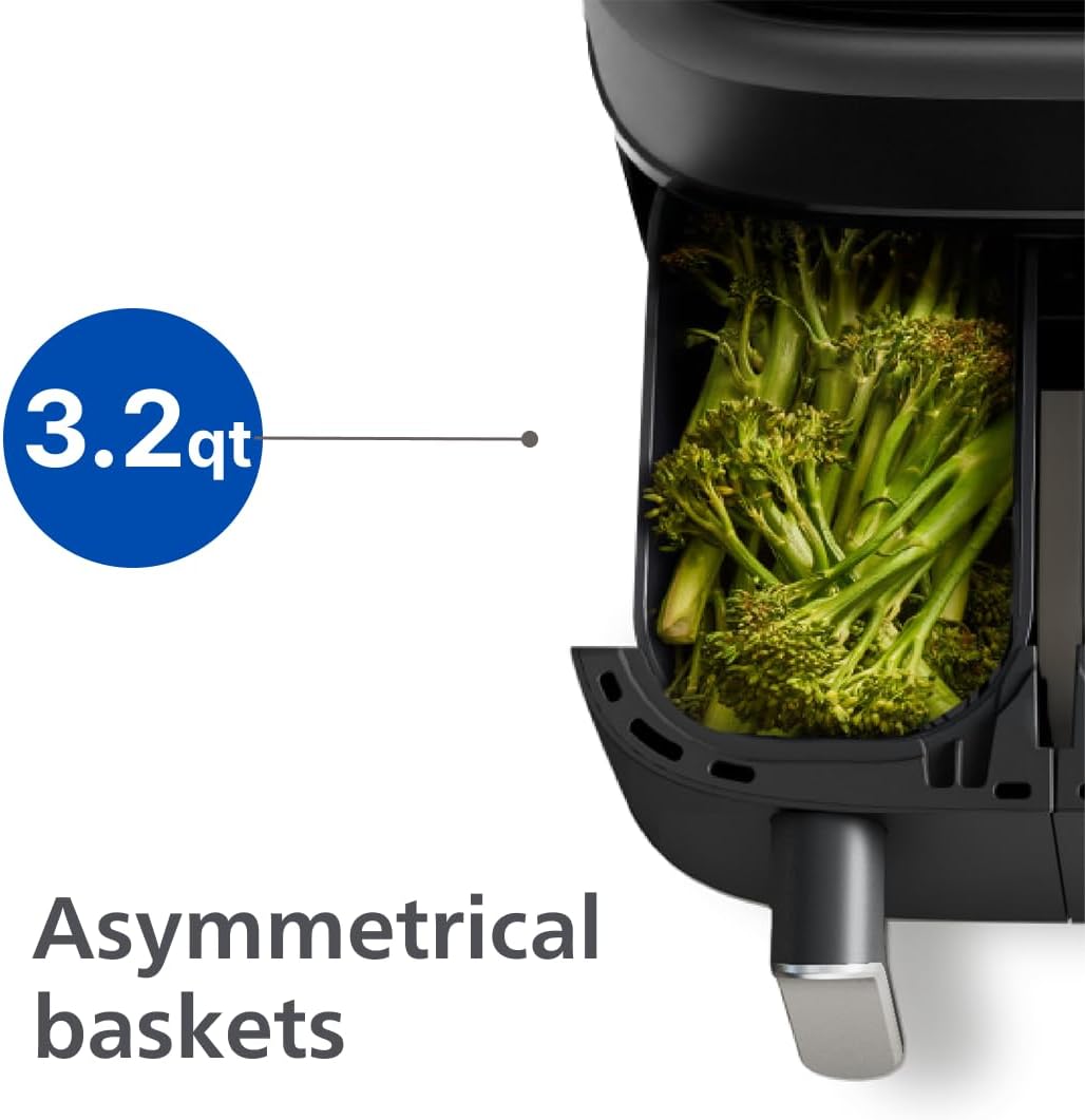 Philips Dual Basket Air Fryer 3000 Series — 8-in-1 functions, 9.5 Quarts Airfryer, 2 Drawers, Auto-sync Cooking Time, 90% Less Fat, Rapid Air Technology, HomeID App, Dishwasher Safe, Black (NA351/00)