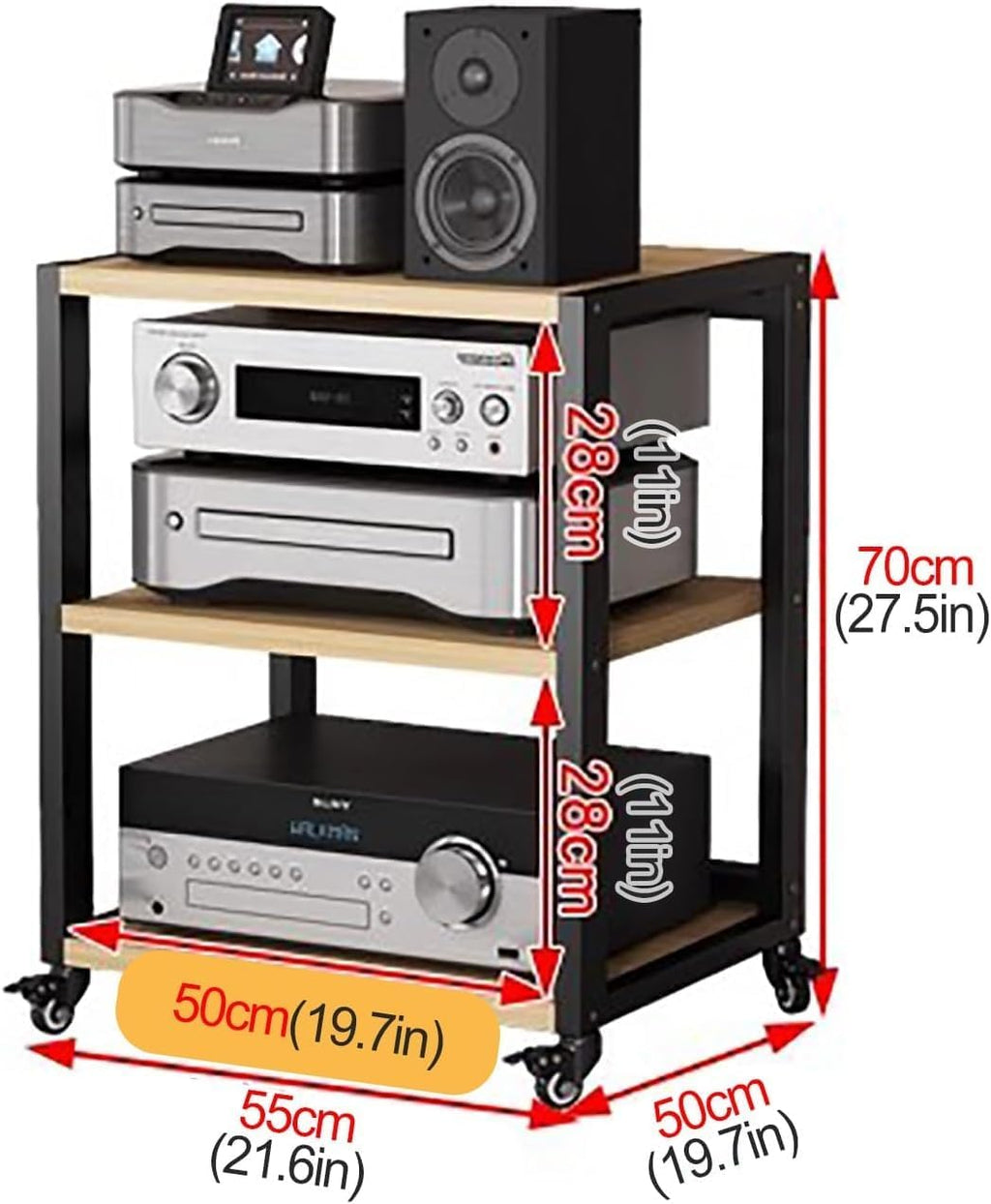 Rolling Audio Component Rack Stereo Shelf HiFi Audio Systems,Tower Media Stereo Stand Equipment Shelf, Home Commercial Corner Entertainment Center(3 tier-70cm Tall)